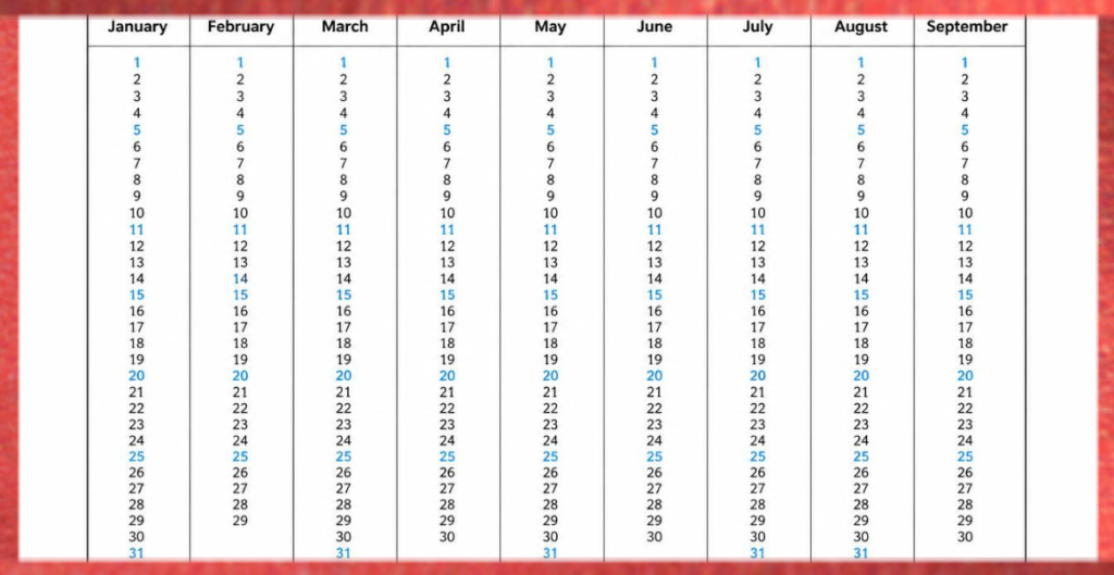 9-Month Date Reference Table
