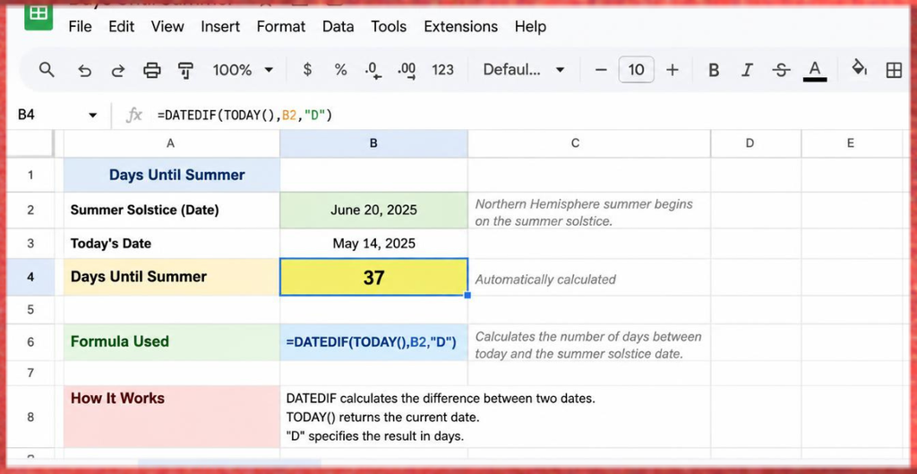 How to Calculate Days Until Summer in Google Sheets